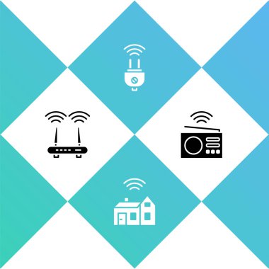 Router ve Wi-Fi sinyalini ayarla, kablosuz akıllı ev, elektrik prizi ve radyo ikonu. Vektör.