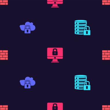 Sunucu güvenliğini kilitle, bulut bilgisayarı kilitle, bilgisayar monitörüne ve güvenlik duvarına kilitle, duvar da pürüzsüz desene. Vektör.