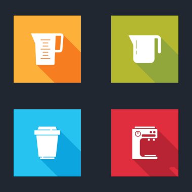 Sürahi bardağını suyla doldurun, kahve demliği, bardak ve makine ikonu. Vektör.