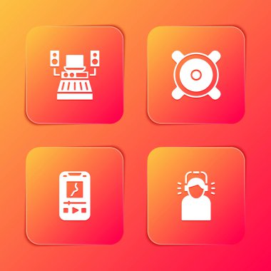 Set Müzik Stüdyosu, Stereo hoparlörü, Oyuncu ve Erkek kulaklık ikonu. Vektör.