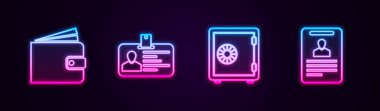 Sabit hat cüzdan, kimlik kartı, kasa ve... Parlayan neon ikonu. Vektör.