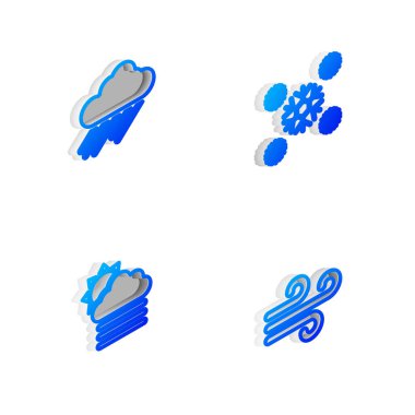 Isometric hattını kar, bulutu yağmurla, sisle, güneşle ve rüzgar ikonuyla ayarla. Vektör.