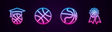 Basketbol antrenmanı ve ödülü belirle. Parlayan neon ikonu. Vektör.