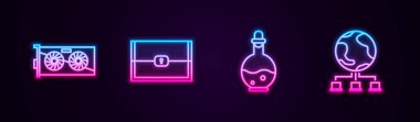Satır Çizgisi Video Kartı, Oyun için Sandık, Sihirli iksir ve Bilgisayar Ağı ile Şişe. Parlayan neon ikonu. Vektör.