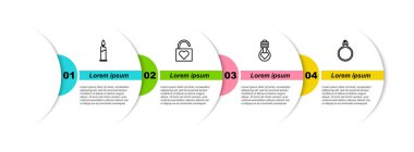 Yakıcı mum, kilitli kalp, kalp şeklinde ampul ve elmas nişan yüzüğü. Ticari bilgi şablonu. Vektör.