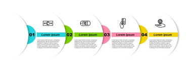 Hat, kağıt para, fiyat etiketi, bedava mesaj, kredi kartı ve bozuk para. Ticari bilgi şablonu. Vektör.