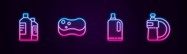 Temizlik malzemesi, sünger, kumaş yumuşatıcı ve bulaşık deterjanı şişesi ve tabağı hazırlayın. Parlayan neon ikonu. Vektör.