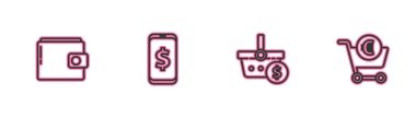 Cüzdan, alışveriş sepeti ve dolar, akıllı telefon ve Euro ikonu. Vektör.