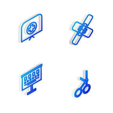 Isometric hattı çapraz bandaj bandı, haçlı hemşire şapkası, göz testi çizelgesi ve tıbbi makas ikonu hazırla. Vektör.