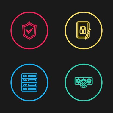 Satır Sunucusu, Data, Web Sunucusu, Parola koruması, Kapalı kilit ve Kalkan işaretleme simgesine sahip Tablet. Vektör