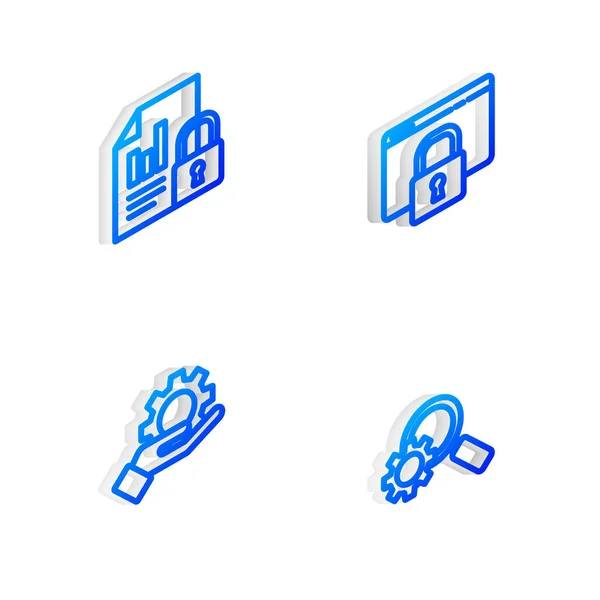 Isometric Hattını Https Ssl Belge Kilit Ayarları Ekipmanı Büyüteç Simgesi — Stok Vektör