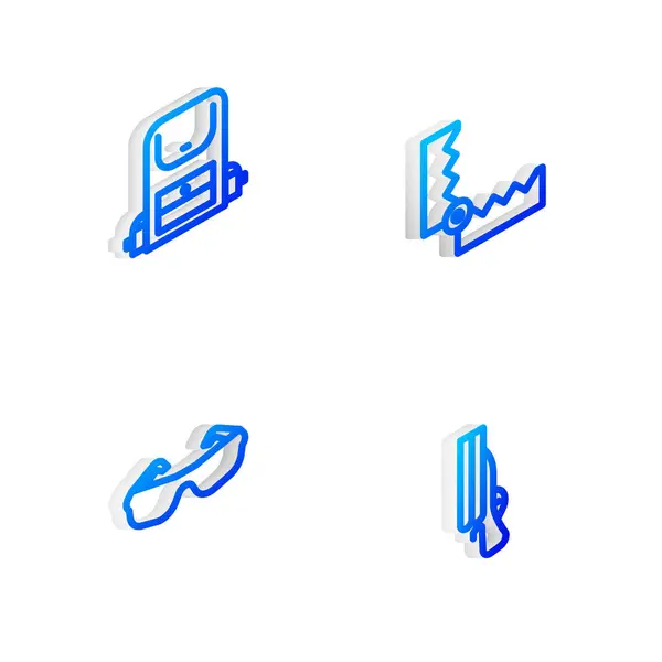 Zestaw Isometric Linii Polowanie Pułapka Turystyka Plecak Okulary Ikona Shotgun — Wektor stockowy