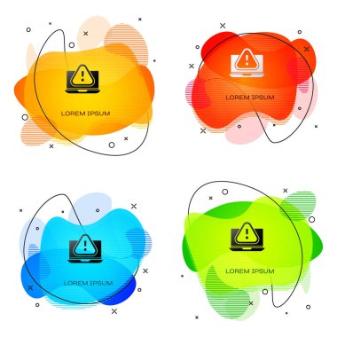 Beyaz zemin üzerinde ünlem işareti simgesi olan siyah dizüstü bilgisayar. Uyarı mesajı akıllı telefon uyarısı. Sıvı şekilli soyut pankart. Vektör İllüstrasyonu.