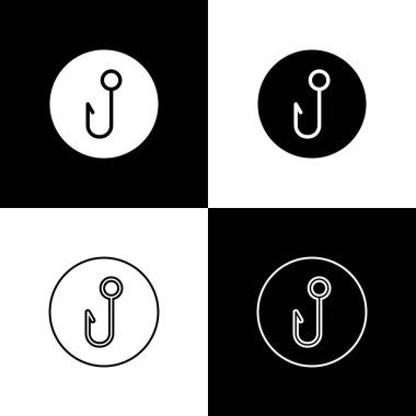 Balıkçılık kancası simgesini siyah ve beyaz arkaplanda izole et. Balık oltası. Vektör.