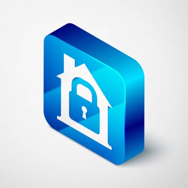 Koruma altındaki Isometric Evi gri arka planda izole edilmiş. Eve git ve kilitle. Koruma, güvenlik, güvenlik, koruma, savunma konsepti. Mavi kare düğme. Vektör.