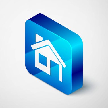 Gri arkaplanda Isometric House simgesi izole edildi. Ev sembolü. Mavi kare düğme. Vektör.