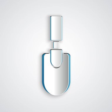 Kağıt kesiği bahçe küreği ya da gri arkaplanda izole edilmiş kürek ikonu. Bahçe aletleri. Bahçecilik, tarım, çiftçilik aleti. Kağıt sanatı tarzı. Vektör.