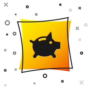 Siyah domuz kumbarası simgesi beyaz arka planda izole edilmiş. Tasarruf ya da para birikimi, yatırım. Sarı kare düğme. Vektör..