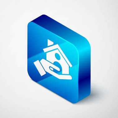 Isometric House sigorta ikonu gri arka planda izole edilmiş. Güvenlik, güvenlik, koruma, konsept koruma. Mavi kare düğme. Vektör..