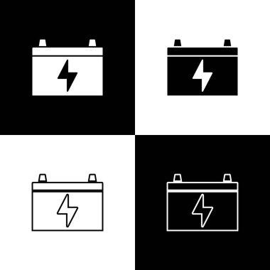 Araba aküsü simgesini siyah beyaz arkaplanda izole et. Akümülatör bataryası enerji ve elektrik akümülatörü bataryası. Vektör.