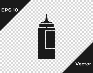 Şeffaf arkaplanda izole edilmiş siyah sos şişesi ikonu. Ketçap, hardal ve fast food için soslu mayonez şişeleri. Vektör.