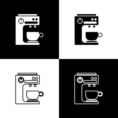 Kahve makinesi simgesini siyah beyaz arkaplanda izole et. Vektör.