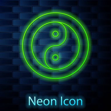Parlak neon hattı Yin Yang ahenk sembolü ve denge simgesi tuğla duvar arka planında izole edilmiş. Vektör.