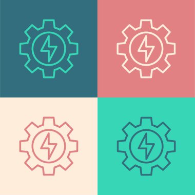 Pop sanat eseri teçhizatı ve yıldırım ikonu renk arkaplanında izole edilmiş. Elektrik gücü. Şimşek işareti. Vektör.