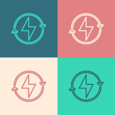 Pop sanat çizgisi Şimşek simgesi renk arkaplanında izole edildi. Flaş işareti. Flaş ikonunu yükle. Gök gürültüsü. Yıldırım çarpması. Vektör.