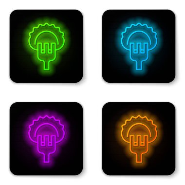 Çatal simgesinde parlayan neon hattı hamur tatlısı beyaz arkaplanda izole edilmiş. Pierogi, varenyky, pelmeni, ravioli. Geleneksel Ukrayna yemekleri. Siyah kare düğme. Vektör.