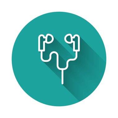 Beyaz çizgi hava kulaklığı simgesi uzun gölgeli izole edilmiş. Kulaklıklar için kablosuz cihaz. Elektronik cihazlar. Yeşil daire düğmesi. Vektör.