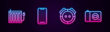 Isıtma radyatörü, akıllı telefon, robot elektrikli süpürge ve fotoğraf makinesi ayarlayın. Parlayan neon ikonu. Vektör