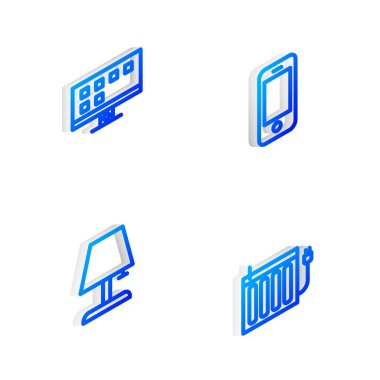 Akıllı telefon, televizyon, masa lambası ve kalorifer ikonunu ayarla. Vektör