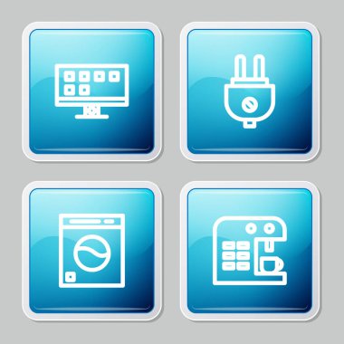 Akıllı TV, elektrik fişi, çamaşır makinesi ve kahve makinesi ikonu. Vektör