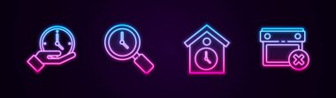 Satır saatini ayarla, saati olan büyüteç, Retro duvar saati ve takvim tarihini sil. Parlayan neon ikonu. Vektör