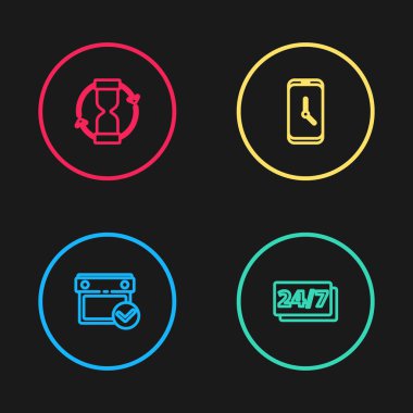 Satır çizelgesini işaretli olarak ayarla, Saat 24, Alarm saati uygulaması mobil ve Eski kum saati simgesi. Vektör