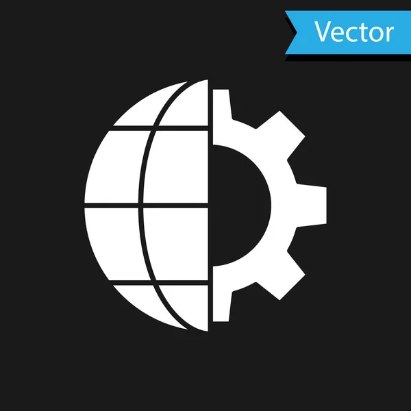 Weiße Erdkugel Und Zahnrad Symbol Isoliert Auf Schwarzem Hintergrund Parameter — Stockvektor