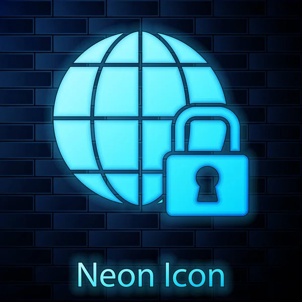 Glühender Neon Globaler Lockdown Geschlossenes Globus Symbol Isoliert Auf Ziegelwand — Stockvektor