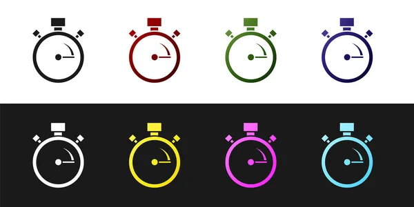 Set Stopwatch Pictogram Geïsoleerd Zwart Wit Achtergrond Tijdklok Teken Chronometerteken — Stockvector