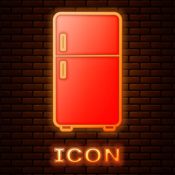 Icono Brillante Del Refrigerador Neón Aislado Fondo Pared Ladrillo Refrigerador — Vector de stock