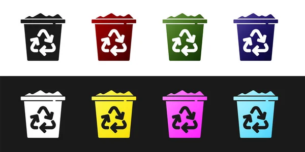 设置回收箱与回收符号图标隔离在黑色和白色背景 垃圾可以图标 垃圾箱标志 回收篮标志 — 图库矢量图片