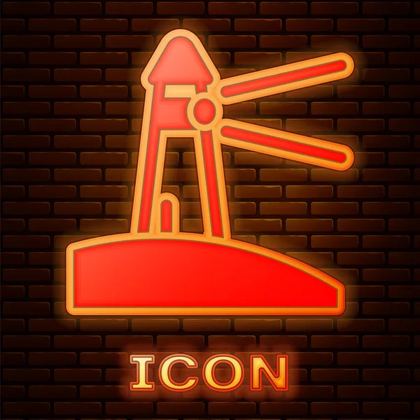 Zářící Neon Lighthouse Ikona Izolované Pozadí Cihlové Zdi Vektor — Stockový vektor
