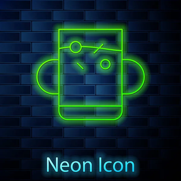 Ragyogó Neon Vonal Kupa Tea Levél Ikon Elszigetelt Téglafal Háttér — Stock Vector