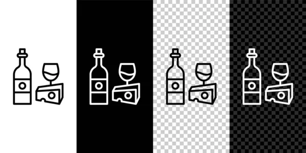 Set Line Wine Bottle Glass Cheese Icon Isolated Black White — Stock Vector