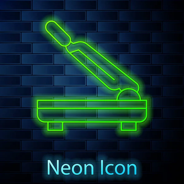 Leuchtende Neon Linie Papierschneider Symbol Isoliert Auf Backsteinwand Hintergrund Vektor — Stockvektor