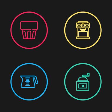 Hattı ayarla. Kahve demliği, el yapımı kahve öğütücü, makine ve su ikonlu cam. Vektör