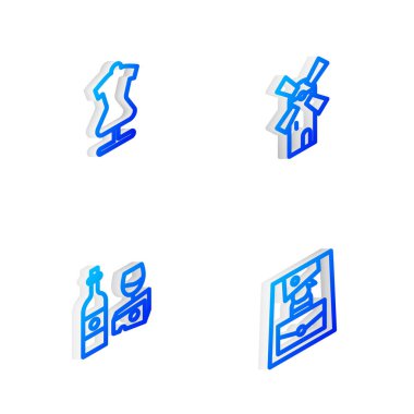 Isometric Hattı Yel Değirmeni, Manken, Peynirli şarap şişesi ve Çanta ikonu. Vektör