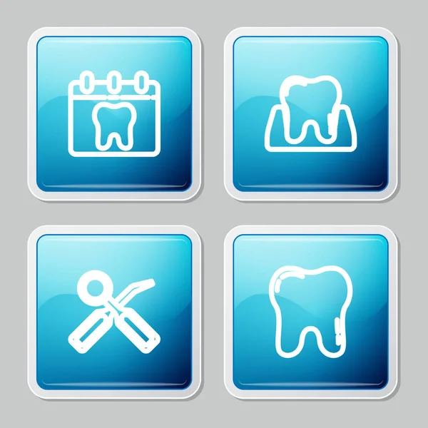 Réglez Ligne Calendrier Avec Dent Dent Miroir Inspection Dentaire Icône — Image vectorielle