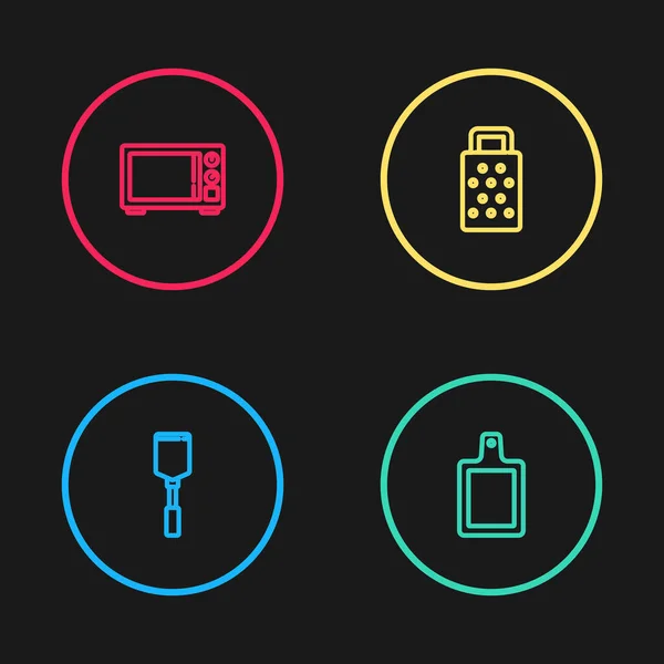 Set Lijn Spatel Snijplank Rasp Magnetron Icoon Vector — Stockvector