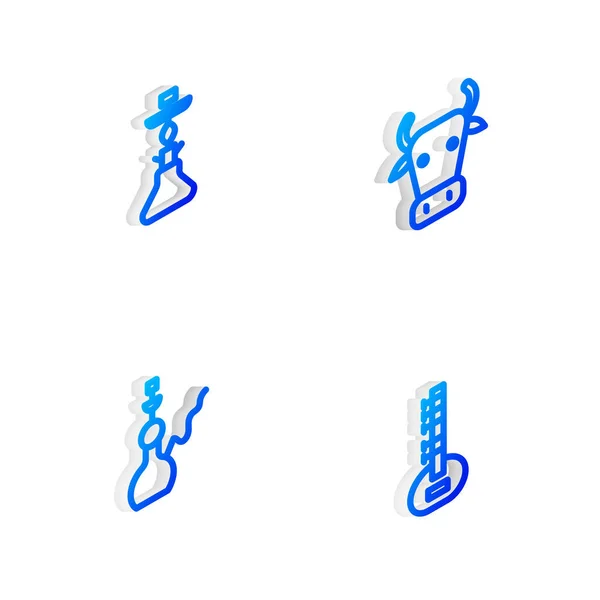 Stel Isometrische Lijn Koe Hookah Sitar Pictogram Vector — Stockvector